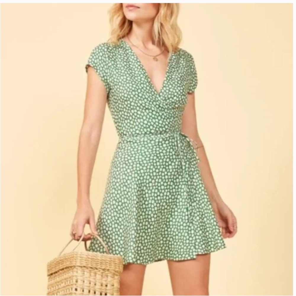 Reformation Green and White Floral Wrap Dress